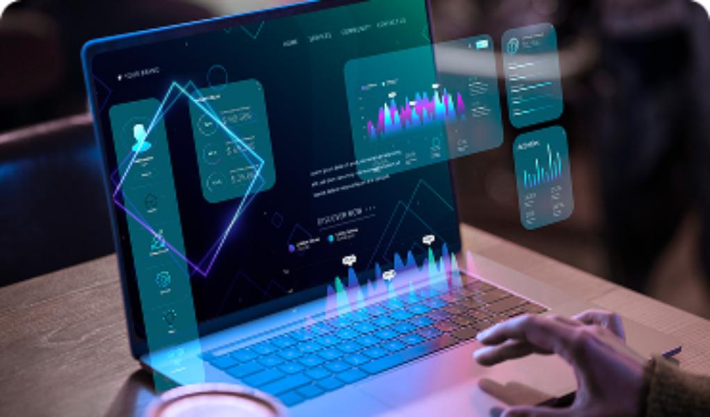 Digital dashboard displaying AI-driven analytics with real-time performance metrics, data visualizations, and predictive insights on a computer screen.